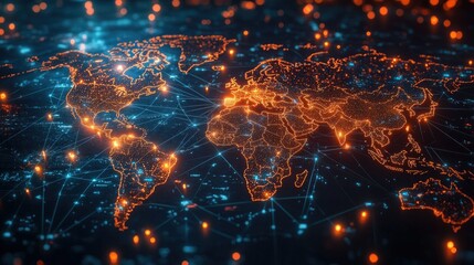 A digital world map with lines connecting major cities, symbolizing global communication.
