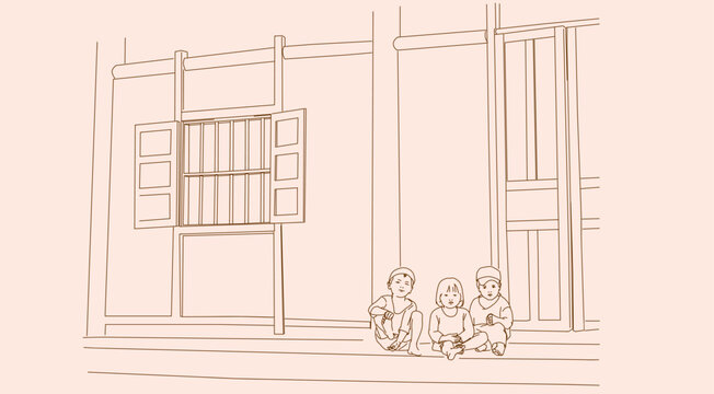 litte children sitting front of their house when parent go out 