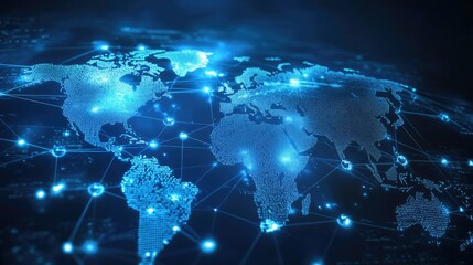 A digital world map with satellite symbols indicating global internet connections.