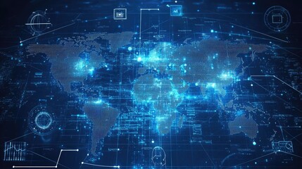 Naklejka premium A digital world map with satellite symbols indicating global internet connections.