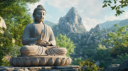 Fototapeta premium budha statue tranquil peaceful meditation beautiful scenery background