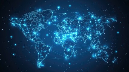 Obraz premium A digital world map with satellite symbols indicating global internet connections.