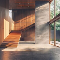 Obraz premium 07231022 06. Modern minimalist interior, wooden paneled walls and ceiling, concrete floor, large grey concrete feature wall, wooden staircase, floor-to-ceiling windows, natural light casting shadows,