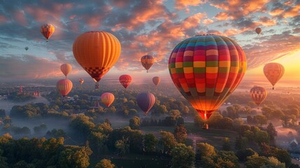 Fototapeta premium A colorful hot air balloon festival at dawn, filling the sky with vibrant balloons, capturing the essence of wonder and joy