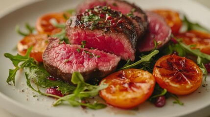 A close-up of seared rare steak with citrus slices and greens