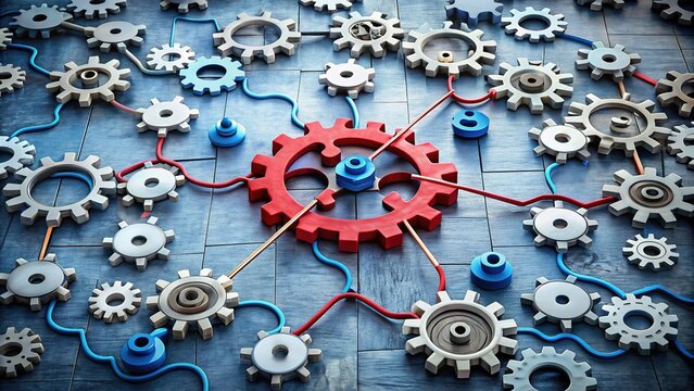 Complex organizational chart with puzzle pieces and obstacles, surrounded by broken gears, representing the difficulties and complexities of effective business leadership and strategy implementation.