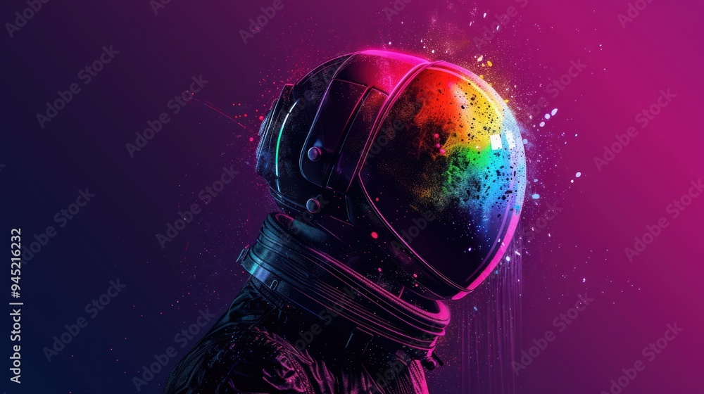 Poster astronaut helmet with colorful sparkles.