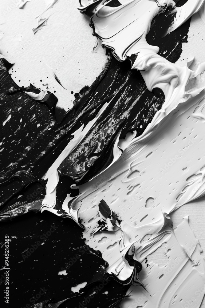 Poster abstract black and white paint strokes creating a dynamic texture on canvas in a modern art studio