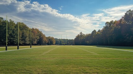 Obraz premium A football field viewed from the end zone, with a clear view of the goalposts and field lines.