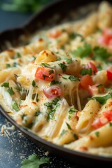 Creamy baked pasta with fresh tomatoes and herbs in a skillet, ready to serve for a delicious dinner