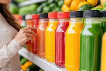 Vibrant fruit juice selection enticing shoppers, colorful bottles lined up, fresh produce backdrop, healthy lifestyle choices on display, woman selecting a drink.
