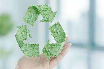 Hand holding green textured recycling symbol, representing sustainable practices and environmental responsibility.