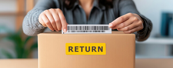 Preparing a return package, person affixes a barcode label on a cardboard box marked with a bright yellow return sticker, focused on organization and efficiency.