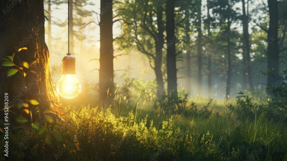 Poster Light bulb hanging on a tree in a forest.