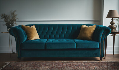 A teal velvet sofa with gold pillows sits in a living room with a patterned rug