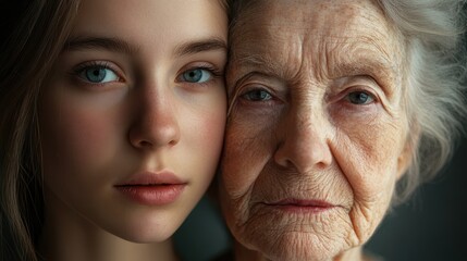 Young woman and her elderly mother take care of their skin and look great,Two generations,Beautiful middle aged mother and her adult daughter,skincare and Aging concept,Comparison of young and old.