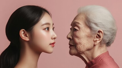 Young woman and her elderly mother take care of their skin and look great,Two generations,Beautiful middle aged mother and her adult daughter,skincare and Aging concept,Comparison of young and old.