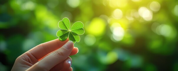 Woman holding green four leaf clover in hand in park background,Patricks day watercolor clipart,Spring flower pattern,Many shamrock plants,the Irish happy background.
