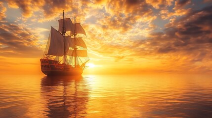 Obraz premium Golden Serenity: Pirate Ship Sailing into Sunset on Pirate Day