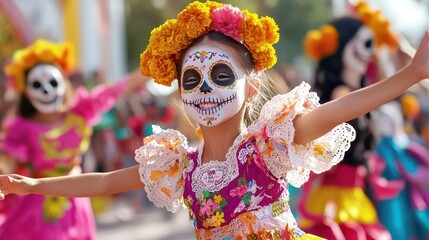 A little girl dressed in a colorful Day of the Dead costume, with a sugar skull face painting and marigold flowers, dancing in the middle of a vibrant street festival