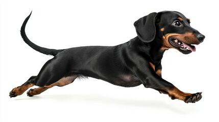 A Black and Tan Dachshund Running in Mid-Air with Tongue Out