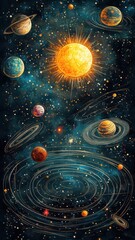 A set of round space planets of the solar system and Earth,sun the Moon,solar system objects for educational projects,hand painted planets and moons, satellites,watercolor painting in galaxy.