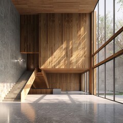 07231022 09. Modern interior with wooden paneled walls and ceiling, concrete floor, large grey concrete feature wall, wooden staircase, floor-to-ceiling windows, natural light casting shadows, empty