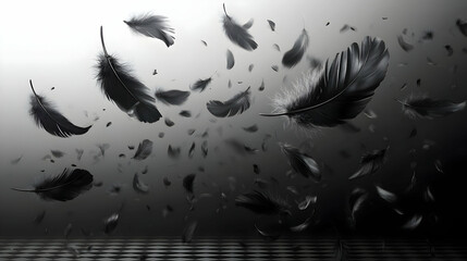 Black Feathers Falling on Checkered Floor Abstract Art Elegant Mystical