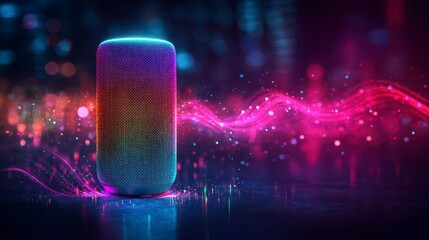 A futuristic smart speaker with glowing light trails