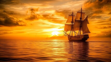 Fototapeta premium Golden Serenity: Pirate Ship Sailing into the Sunset on Pirate Day - Adventure and Serenity Combined