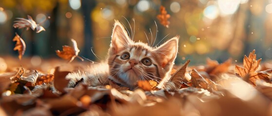 Cute Kitten Enjoying Playtime in a Vibrant Pile of Autumn Leaves