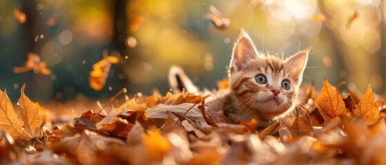 Curious Kitten Enjoying Fall: Cute Cat Playfully Exploring Autumn Leaves Outdoors