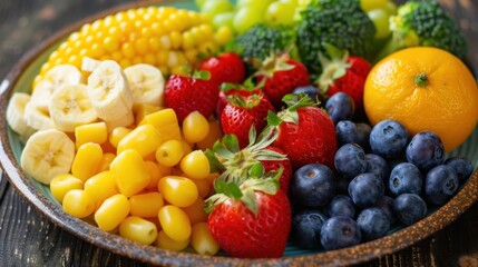 Nourishing Feast: A plate full of vibrant fruits, vegetables, and whole grains, reflecting the happiness and satisfaction of a wholesome, healthful eating experience.

