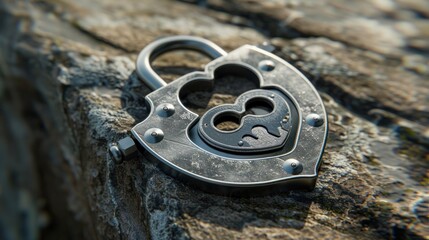 Closeup of a heart-shaped padlock on a rocky surface.