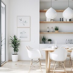 07231101 01. Minimalist modern interior, white walls, wooden floating shelves, small potted plants, framed artwork, glass partition, dining area glimpse, light wood dining table, white chairs,