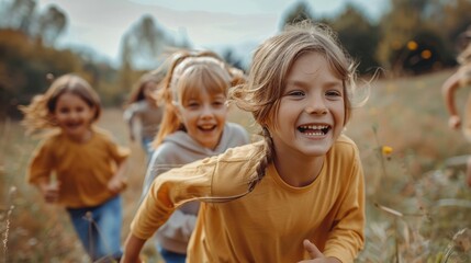 Fototapeta premium Joyful Playtime: The park echoes with children’s laughter and energy, their glowing faces and playful antics a testament to the joy of a healthy, happy life. 