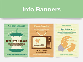 Informative banners highlighting food waste awareness, e-waste recycling, and energy conservation workshops in a community setting