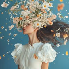A close-up portrait of a woman adorned in an intricate floral headdress