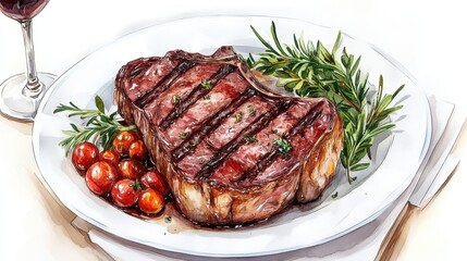 Watercolor of Delicious Grilled Beef Steak and red wine glass,Detailed Hand Drawn,Vector illustration,Freshly medium rare grilled beef steak, fried meat, close-up, isolated on white background.