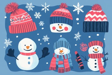 flat vector illustration of kids winter hat and scarf set, featuring snowmen and snowflakes in a fun and trendy design illustration