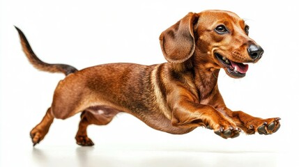 A Brown Dachshund Leaping Through the Air with Tongue Out