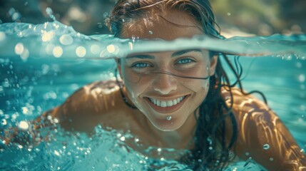 Fototapeta premium Refreshing Swim: Emerging from a sparkling lake, a young woman’s wide grin and twinkling eyes reflect the refreshing and healthy thrill of a swim. 