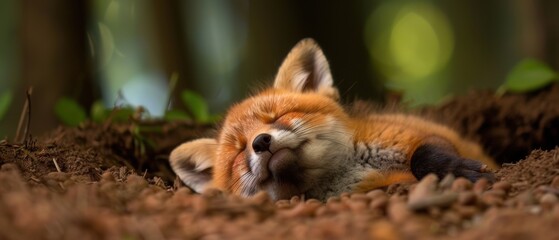 Naklejka premium Peaceful Baby Fox Snoozing in Cozy Den - Adorable Wildlife Nap Time in Forest Habitat