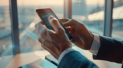 Professional businessman using smartphone in a modern office, close-up of hands, representing business technology, lifestyle, and communication, with a background of social media, web.