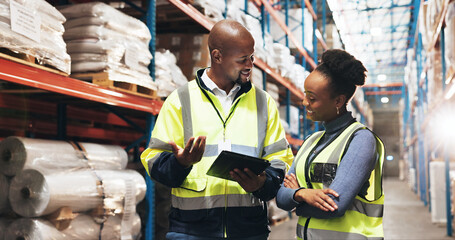Business people, supplier and inventory with tablet for stock, distribution or logistics at...