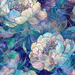 Floral seamless pattern. Abstract whimsical luminescent flowers, close-up. Repeat pattern in blue and pink colors
