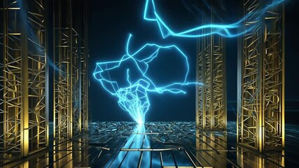 Video footage of futuristic data center with rows of server racks,blue lightning bolts symbolize electricity - Powered by Adobe