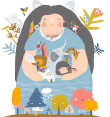 Naklejka premium Conceptual Illustration of mother earth hugging animals