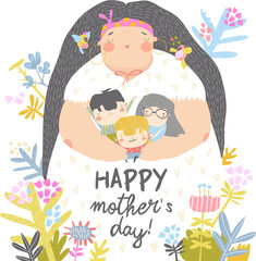 Cute mother holding her children in flowers