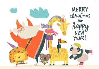 Santa Claus skating with lion, giraffe,panda and koala